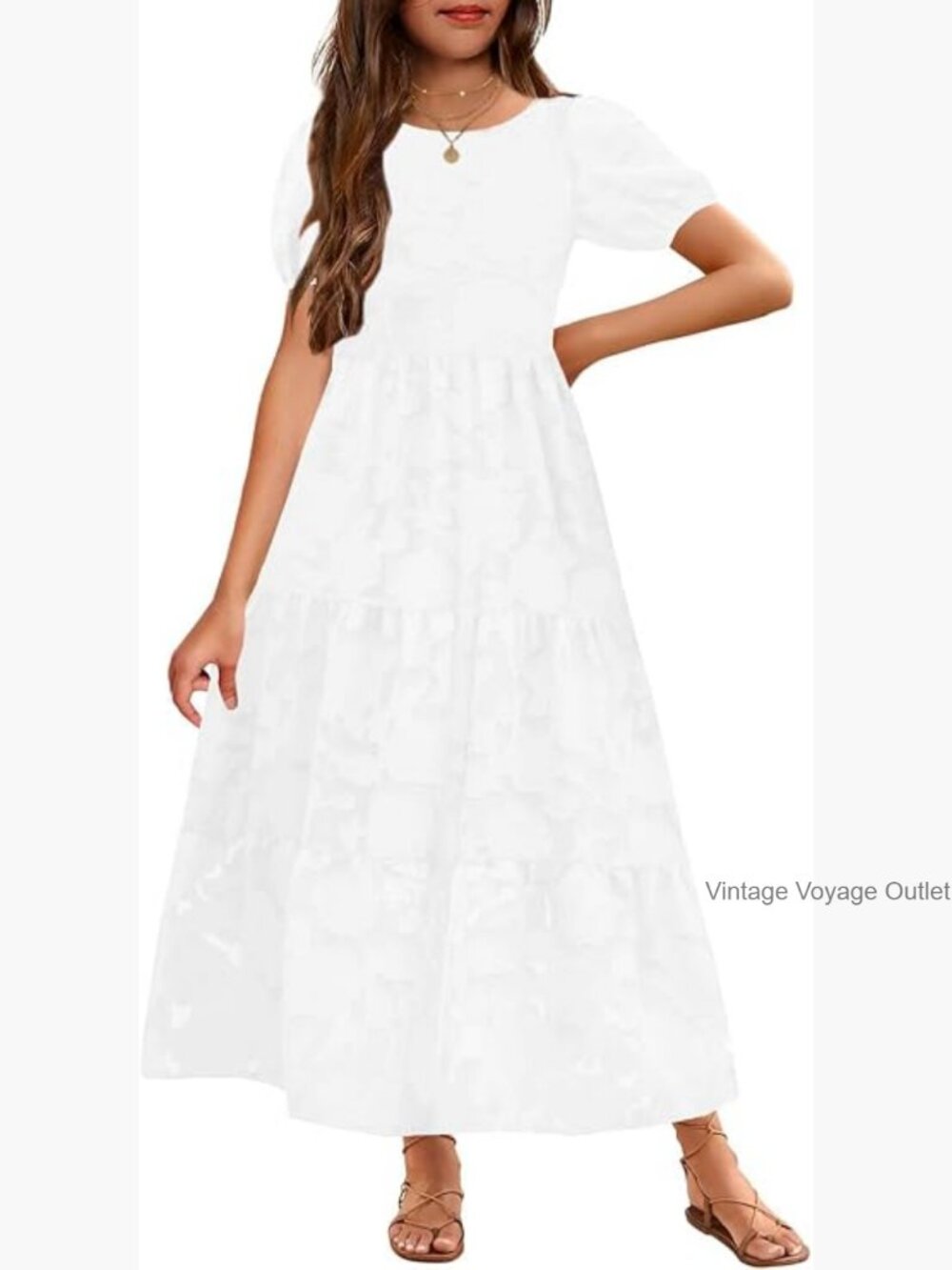 Girls Flowy A-Line Maxi Dress with Pockets Short Sleeve - Picture 1 of 7